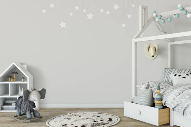 istock mock up wall in child room interior. Interior scandinavian style. 3d rendering, 3d illustration 692915976
