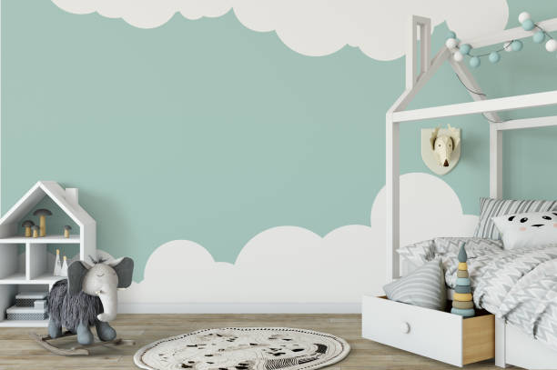 istock mock up wall in child room interior. Interior scandinavian style. 3d rendering, 3d illustration 692915982