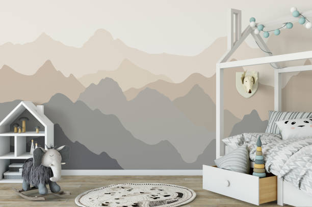 istock mock up wall in child room interior. Interior scandinavian style. 3d rendering, 3d illustration 692915990