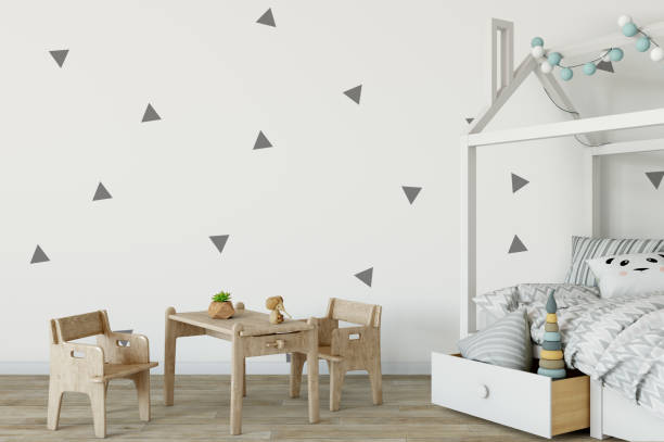 istock mock up wall in child room interior. Interior scandinavian style. 3d rendering, 3d illustration 692915996