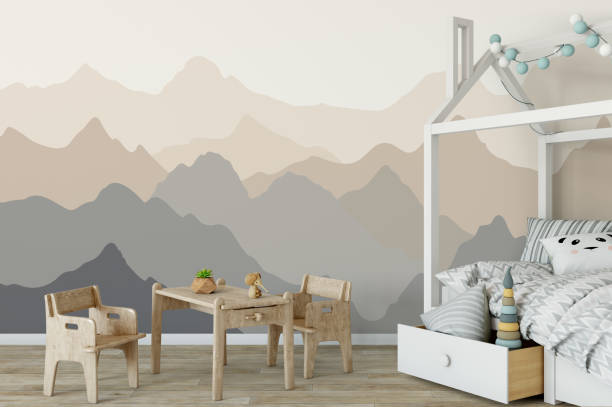 istock mock up wall in child room interior. Interior scandinavian style. 3d rendering, 3d illustration 692916058