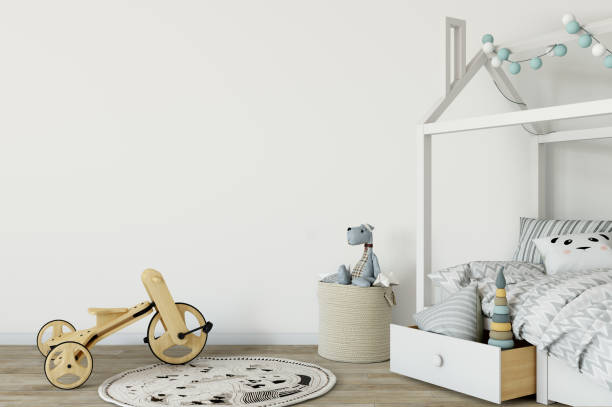 istock mock up wall in child room interior. Interior scandinavian style. 3d rendering, 3d illustration 692916060