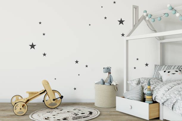 istock mock up wall in child room interior. Interior scandinavian style. 3d rendering, 3d illustration 692916088
