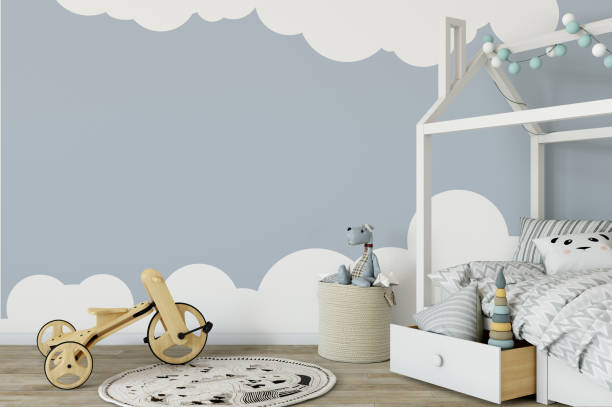 istock mock up wall in child room interior. Interior scandinavian style. 3d rendering, 3d illustration 692916102