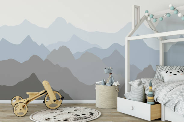 istock mock up wall in child room interior. Interior scandinavian style. 3d rendering, 3d illustration 692916114