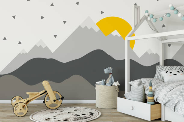 istock mock up wall in child room interior. Interior scandinavian style. 3d rendering, 3d illustration 692916118