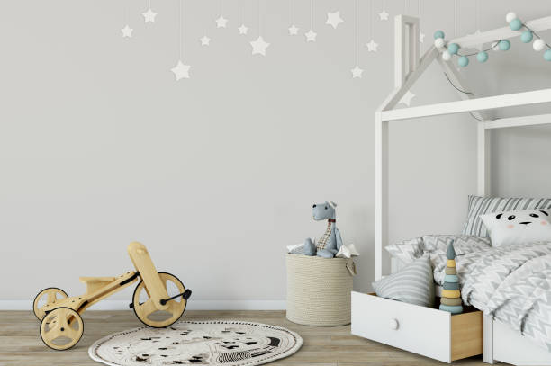 istock mock up wall in child room interior. Interior scandinavian style. 3d rendering, 3d illustration 692916128