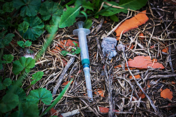 Used syringe on the ground. A used syringe was lying on the ground. The addict threw the syringe in the grass needle plant part stock pictures, royalty-free photos & images