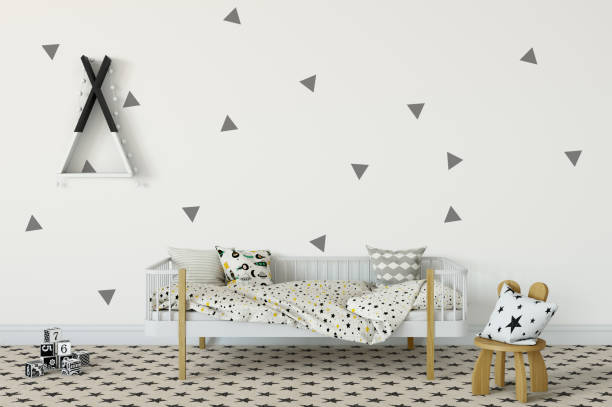 istock mock up wall in child room interior. Interior scandinavian style. 3d rendering, 3d illustration 692930758