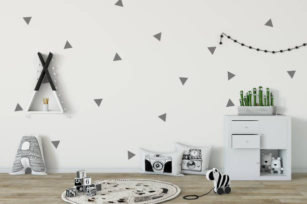 istock mock up wall in child room interior. Interior scandinavian style. 3d rendering, 3d illustration 692930798