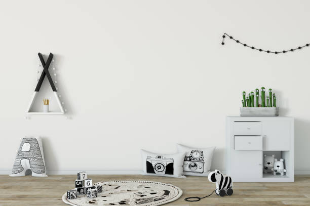istock mock up wall in child room interior. Interior scandinavian style. 3d rendering, 3d illustration 692930810