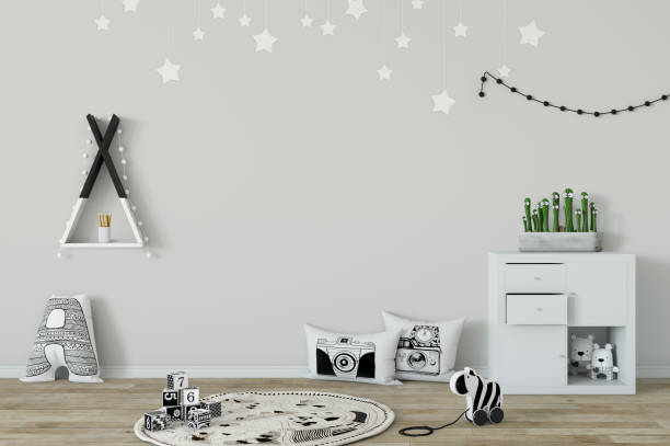 istock mock up wall in child room interior. Interior scandinavian style. 3d rendering, 3d illustration 692930832