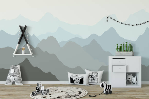 istock mock up wall in child room interior. Interior scandinavian style. 3d rendering, 3d illustration 692930846