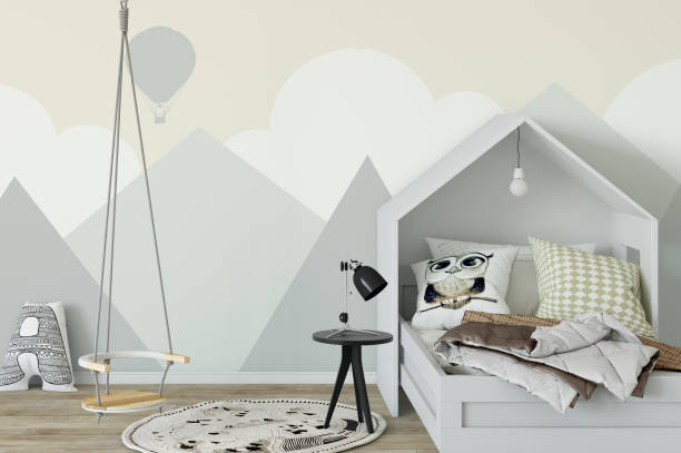 istock mock up wall in child room interior. Interior scandinavian style. 3d rendering, 3d illustration 692930932