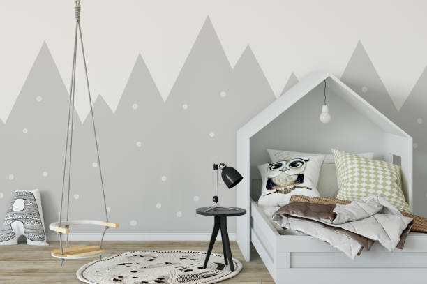 istock mock up wall in child room interior. Interior scandinavian style. 3d rendering, 3d illustration 692930936