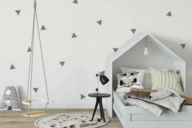 istock mock up wall in child room interior. Interior scandinavian style. 3d rendering, 3d illustration 692930940