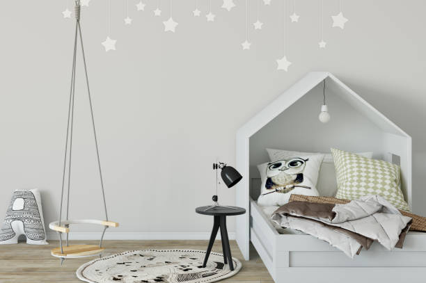 istock mock up wall in child room interior. Interior scandinavian style. 3d rendering, 3d illustration 692930962