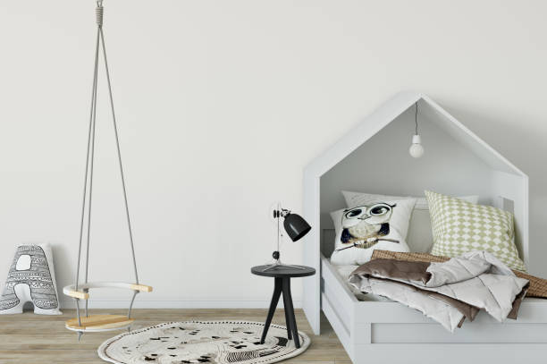 istock mock up wall in child room interior. Interior scandinavian style. 3d rendering, 3d illustration 692930968