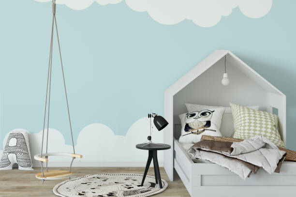 istock mock up wall in child room interior. Interior scandinavian style. 3d rendering, 3d illustration 692930976