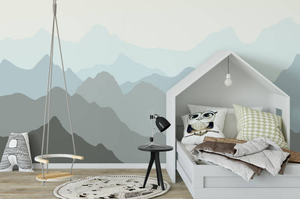 istock mock up wall in child room interior. Interior scandinavian style. 3d rendering, 3d illustration 692930990