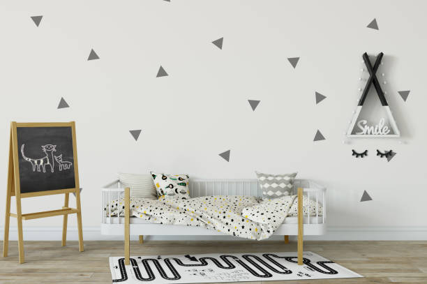 istock mock up wall in child room interior. Interior scandinavian style. 3d rendering, 3d illustration 692931012