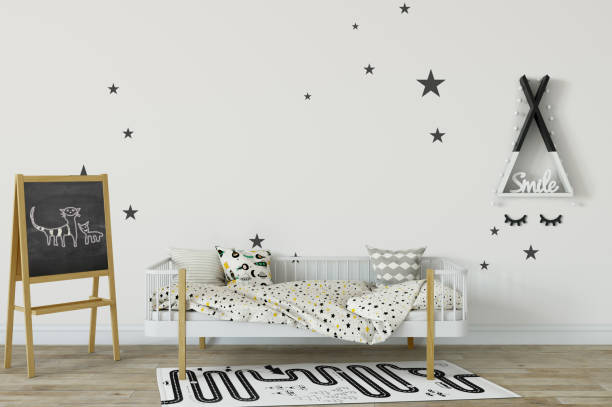 istock mock up wall in child room interior. Interior scandinavian style. 3d rendering, 3d illustration 692931018