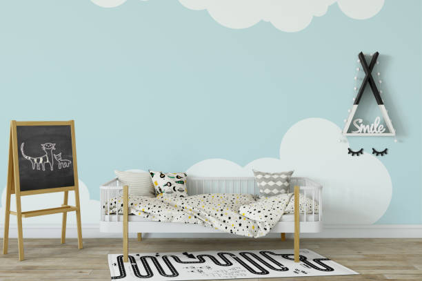 istock mock up wall in child room interior. Interior scandinavian style. 3d rendering, 3d illustration 692931034