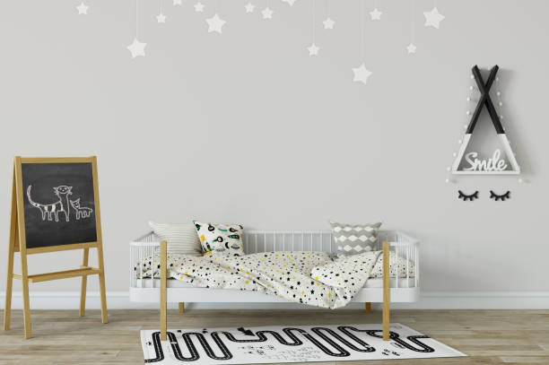 istock mock up wall in child room interior. Interior scandinavian style. 3d rendering, 3d illustration 692931042