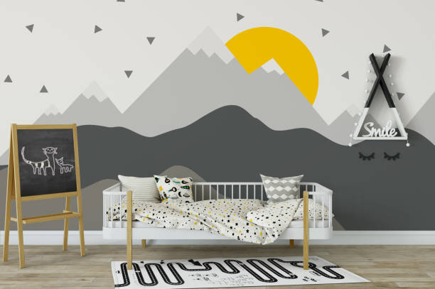 istock mock up wall in child room interior. Interior scandinavian style. 3d rendering, 3d illustration 692931056