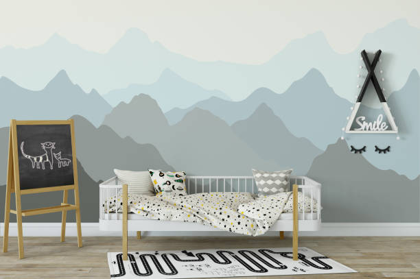 istock mock up wall in child room interior. Interior scandinavian style. 3d rendering, 3d illustration 692931058