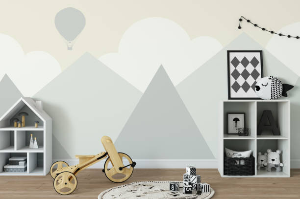 istock mock up wall in child room interior. Interior scandinavian style. 3d rendering, 3d illustration 692931062