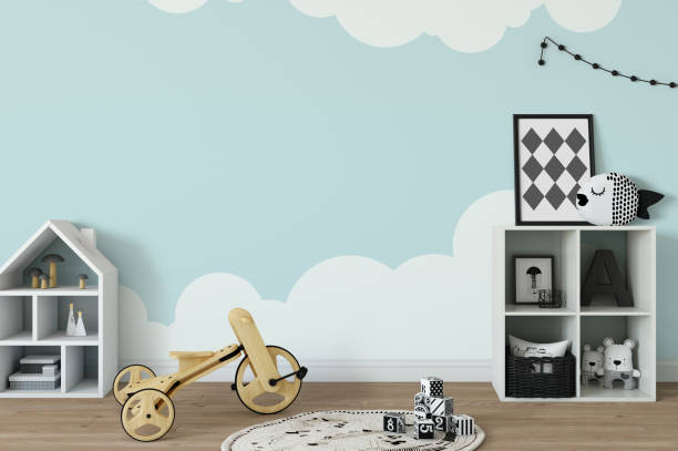 istock mock up wall in child room interior. Interior scandinavian style. 3d rendering, 3d illustration 692931080
