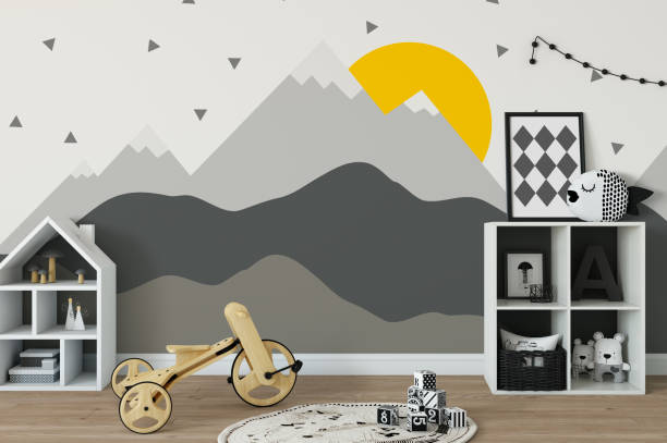 istock mock up wall in child room interior. Interior scandinavian style. 3d rendering, 3d illustration 692931094