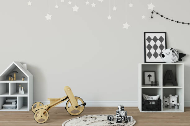 istock mock up wall in child room interior. Interior scandinavian style. 3d rendering, 3d illustration 692931096