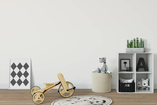 istock mock up wall in child room interior. Interior scandinavian style. 3d rendering, 3d illustration 692931102