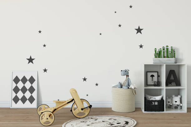 istock mock up wall in child room interior. Interior scandinavian style. 3d rendering, 3d illustration 692931124
