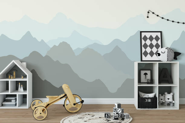 istock mock up wall in child room interior. Interior scandinavian style. 3d rendering, 3d illustration 692931130