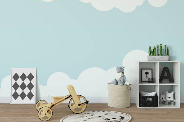 istock mock up wall in child room interior. Interior scandinavian style. 3d rendering, 3d illustration 692931144