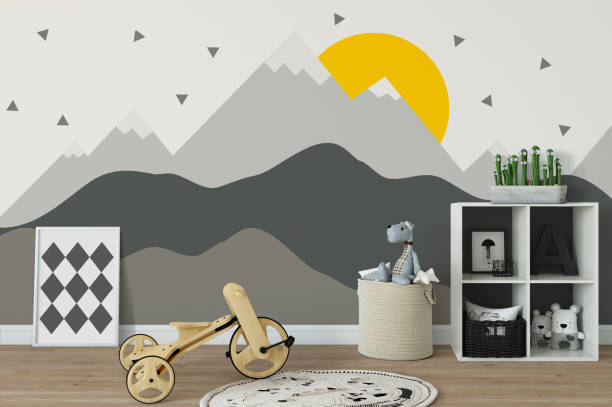 istock mock up wall in child room interior. Interior scandinavian style. 3d rendering, 3d illustration 692931148