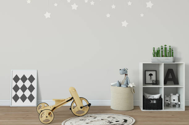 istock mock up wall in child room interior. Interior scandinavian style. 3d rendering, 3d illustration 692931168