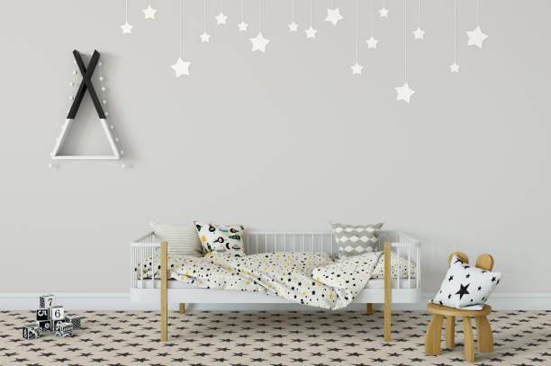 istock mock up wall in child room interior. Interior scandinavian style. 3d rendering, 3d illustration 692931180