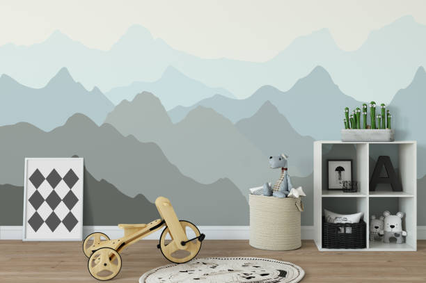 istock mock up wall in child room interior. Interior scandinavian style. 3d rendering, 3d illustration 692931182