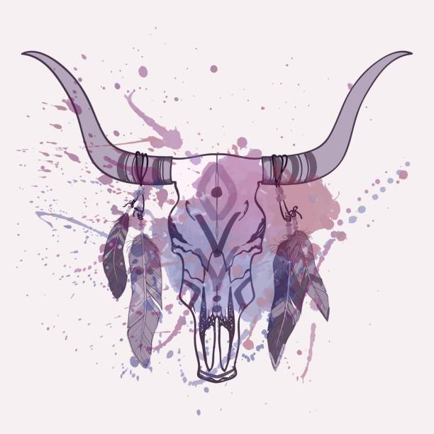 istock Vector illustration of bull skull with feathers and watercolor splash 692943702
