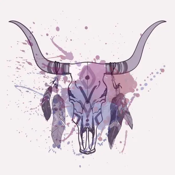 Vector illustration of Vector illustration of bull skull with feathers and watercolor splash