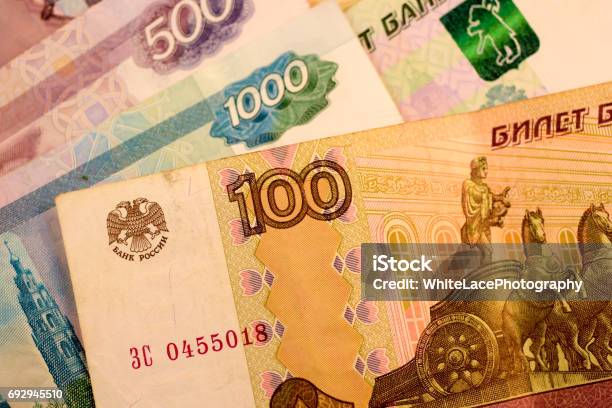 Close Up Russian Currency Note Ruble Or Rub Stock Photo - Download Image Now - Asia, Backgrounds, Banking