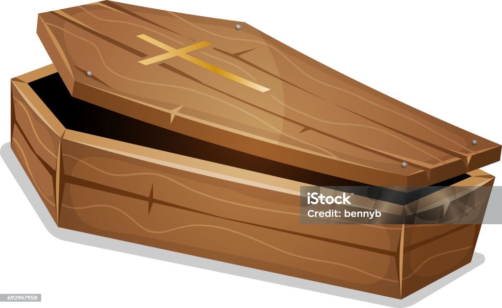 Wood Coffin With Christian Cross Illustration of a cartoon wooden casket with lid open, and christian cross upon isolated on white background Coffin stock vector