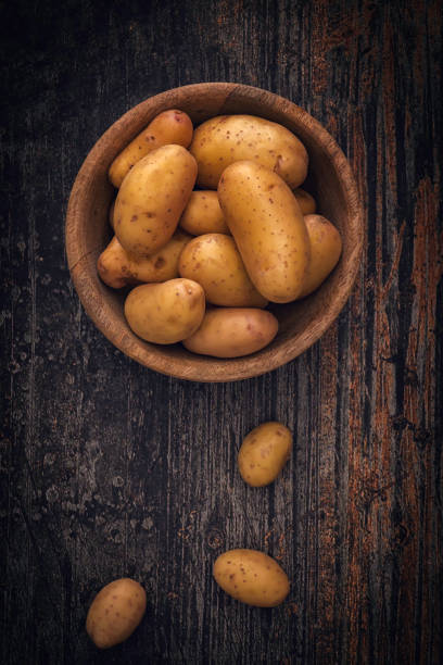 소박한 배경에 유기농 감자 - raw potato 이미지 뉴스 사진 이미지