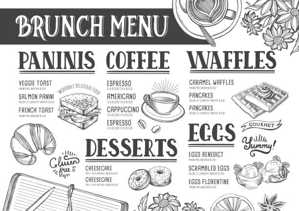 Menu restaurant, food template. Food menu for restaurant and cafe. Design template with hand-drawn graphic elements in doodle style. spanish breakfast stock illustrations