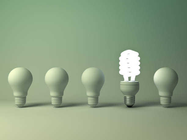 istock Eco energy saving light bulb, one glowing compact fluorescent lightbulb standing out from unlit incandescent bulbs on green background, individuality and different creative idea concept 692958166