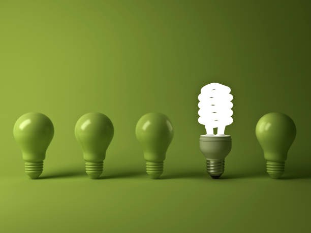 istock Eco energy saving light bulb , one glowing compact fluorescent lightbulb standing out from unlit incandescent bulbs reflection on green background , individuality and different concept 692958202